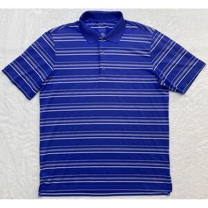 Adidas Mens Puremotion Polo Sz M Blue White‎ Striped Short Sleeve Golf EUC.